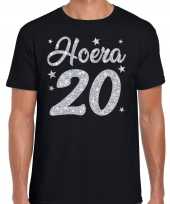 Zwart hoera 20 jaar verjaardag jubileum t-shirt heren zilveren glitter bedrukking