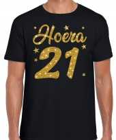 Zwart hoera 21 jaar verjaardag t-shirt heren gouden glitter bedrukking
