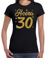 Zwart hoera 30 jaar verjaardag jubileum t-shirt dames gouden glitter bedrukking