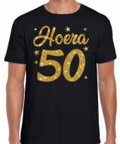 Zwart hoera 50 jaar verjaardag abraham t-shirt heren gouden glitter bedrukking