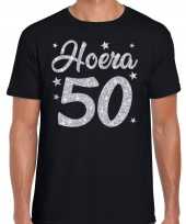 Zwart hoera 50 jaar verjaardag abraham t-shirt heren zilveren glitter bedrukking