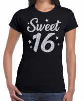 Zwart sweet 16 verjaardags kado t-shirt outfit dames zilver glitter bedrukking