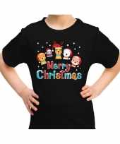 Zwart t-shirt kerstkleding dierenvriendjes merry christmas kinderen